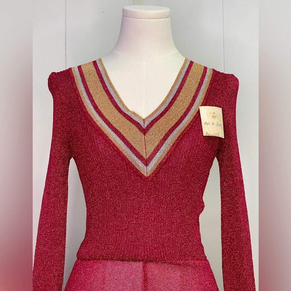 Vintage 1970’s Knit Lurex Midi Dress, deadstock disco bodycon v-neck